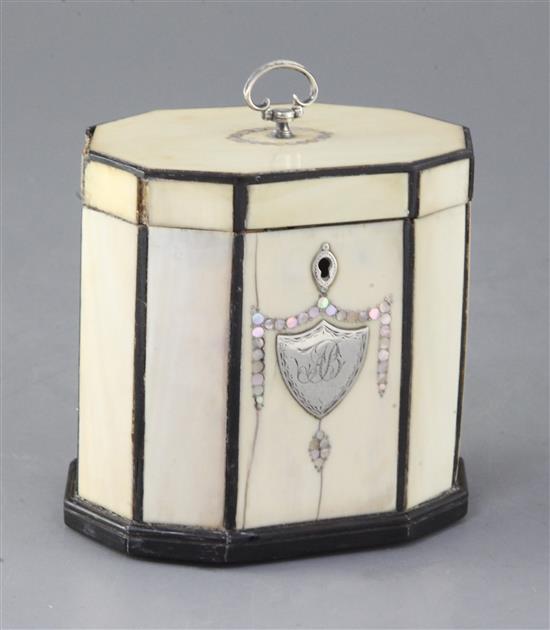 A Regency ten sided inlaid ivory tea caddy, height 4.25in.